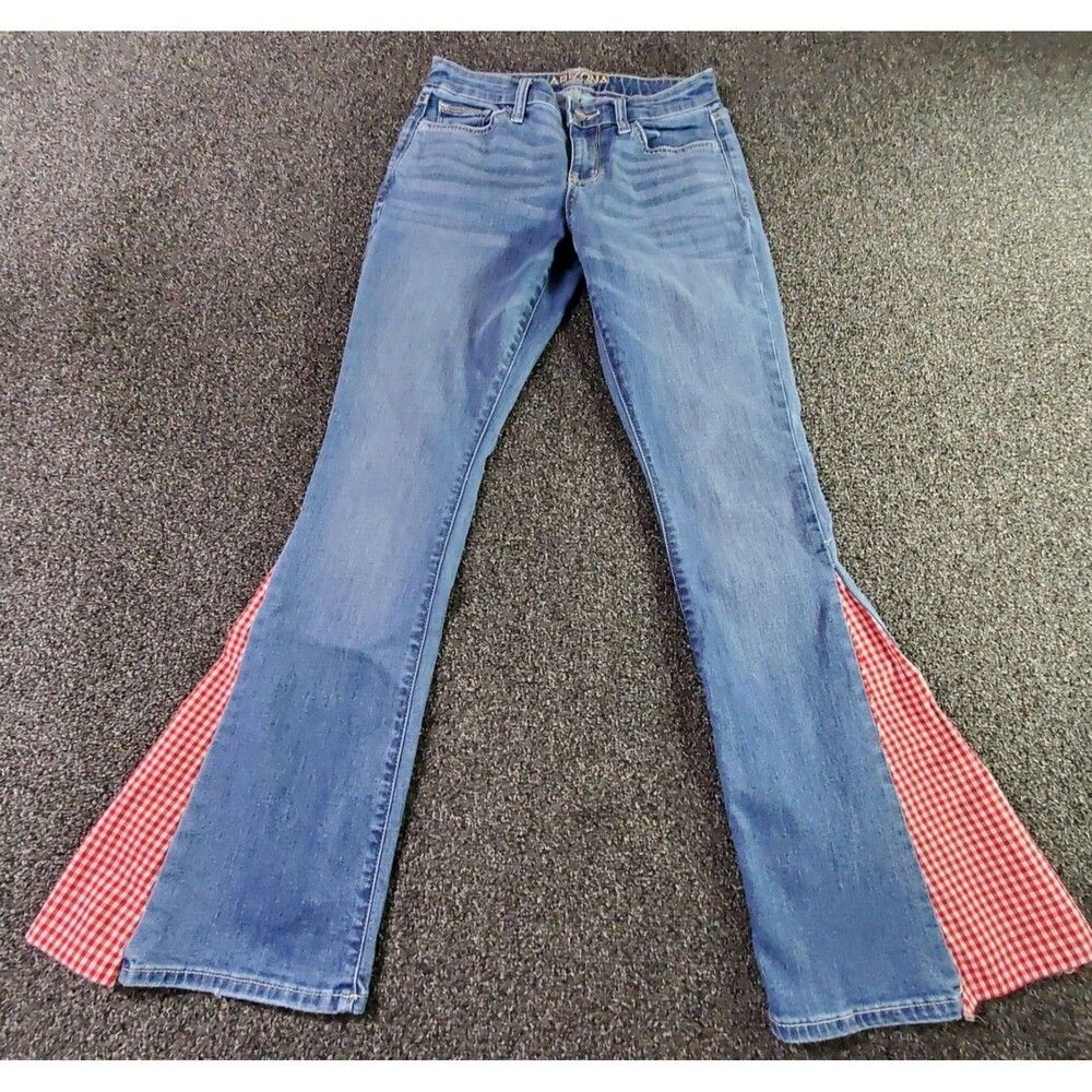 Arizona Flared Jeans Women's 3 Short Gingham Inserts Y2K Hippie Boho Western